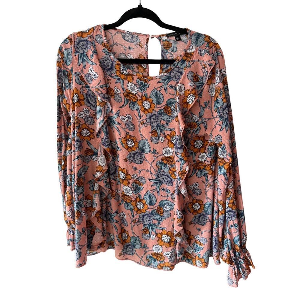 Signature Studio Women’s Large Floral Ruffle Blouse Pink Boho Long Sleeve Top